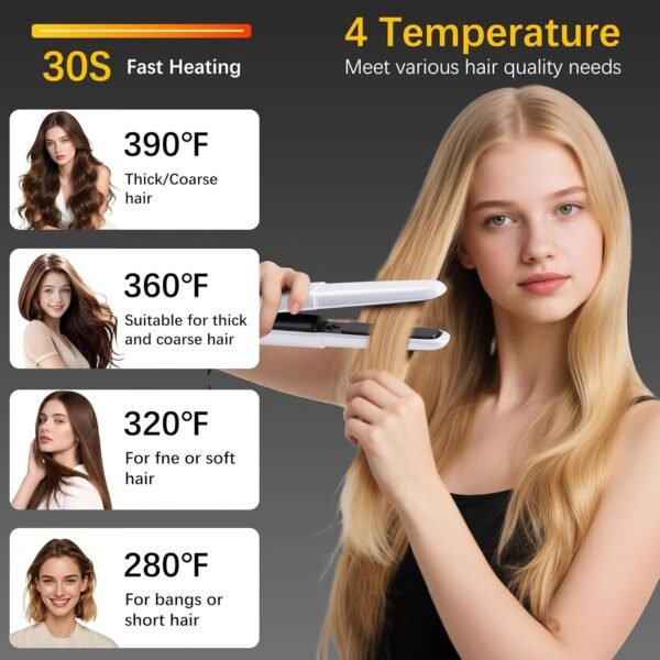 Cordless Hair Straightener Curler 2 in 1 Ceramic Flat Iron Mini Portable Fast Heating 30s 4500mAh Battery 4 Temp Adjustments LCD Display USB Rechargeable for Women Men with Pouch (White)