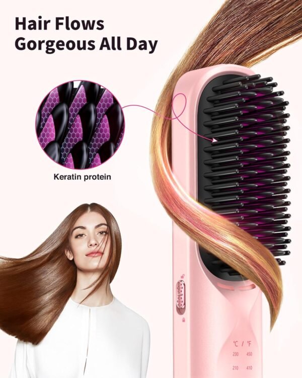 Cordless Hair Straightener Brush - Portable Hair Straightening Brush for Travel - 300M Negative Ions for Frizz-Free Shine, Touch Up On-The-Go, Fast Heating, Gift for Women, 10,000mAh, Powder Pink