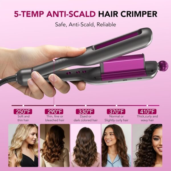 Hair Crimper for Women, Beach Wave Hair Tool, Curling Wand with 4 Adjusted Curl Sizes (0.87"/1"/1.25"/ 1.38"), 5 Temp Adjustable PTC Anti-Scald with Ionic Ceramic Coating, Gift for Womens Birthday