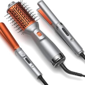 Travel Hair Dryer Brush Styling Set,Double Voltage 100–240V 4-in-1 Hot Air Brush,1 Inch Curling Iron & Mini Flat Iron Straightener,Travel Kit,for Drying, Straightening, Curling & Volumizing for Women