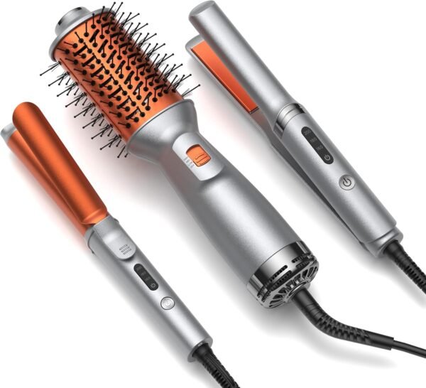 Travel Hair Dryer Brush Styling Set,Double Voltage 100–240V 4-in-1 Hot Air Brush,1 Inch Curling Iron & Mini Flat Iron Straightener,Travel Kit,for Drying, Straightening, Curling & Volumizing for Women