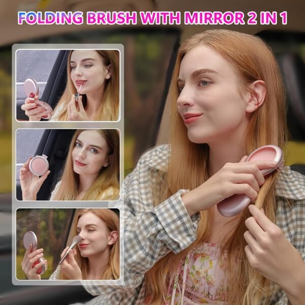 LCD Screen Cordless Hair Straightener Curler 2 in 1, Portable Mini Hair Straightening Brush for Travel Negative Ionic Fast Heating Hot Comb for Women, Folding Brush with Mirror, Pink