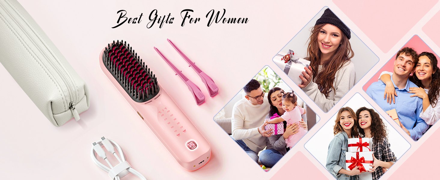 cordless hair straightening brush portable hair straightener women wireless travel gift Pink ionic