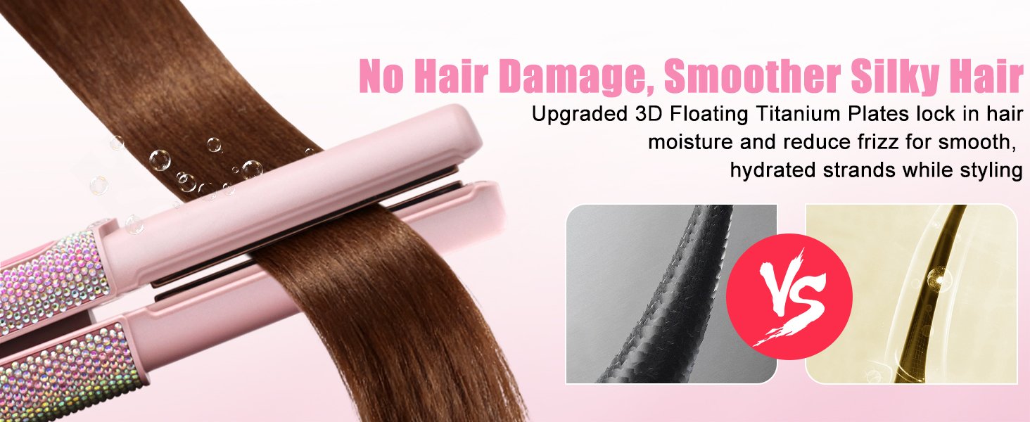 Text reads 'No Hair Damage, Smoother Silky Hair'. Pink-colored hair styling tool shown alongside VS comparison image, featuring floating titanium plates design.