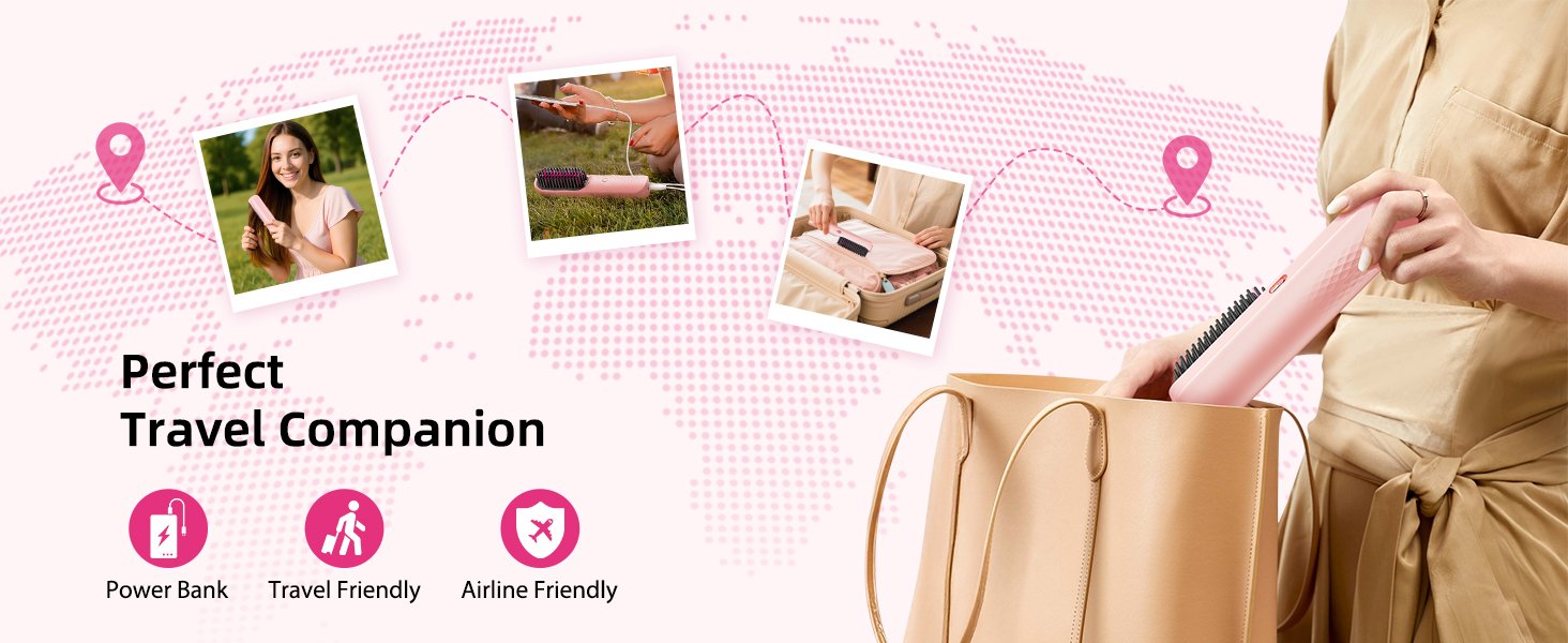 cordless hair straightening brush portable hair straightener women wireless travel gift Pink ionic