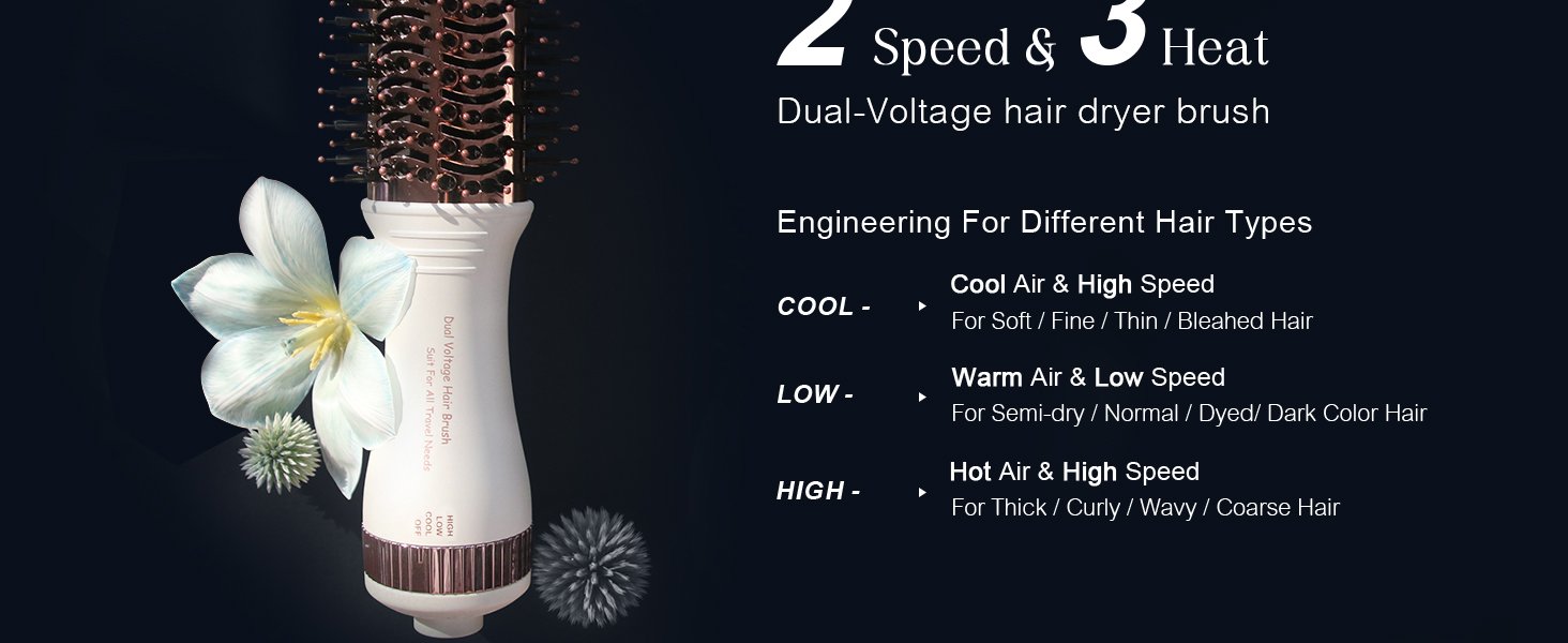 2 speed & 3 heat Dual Voltage Hair Dryer Brush