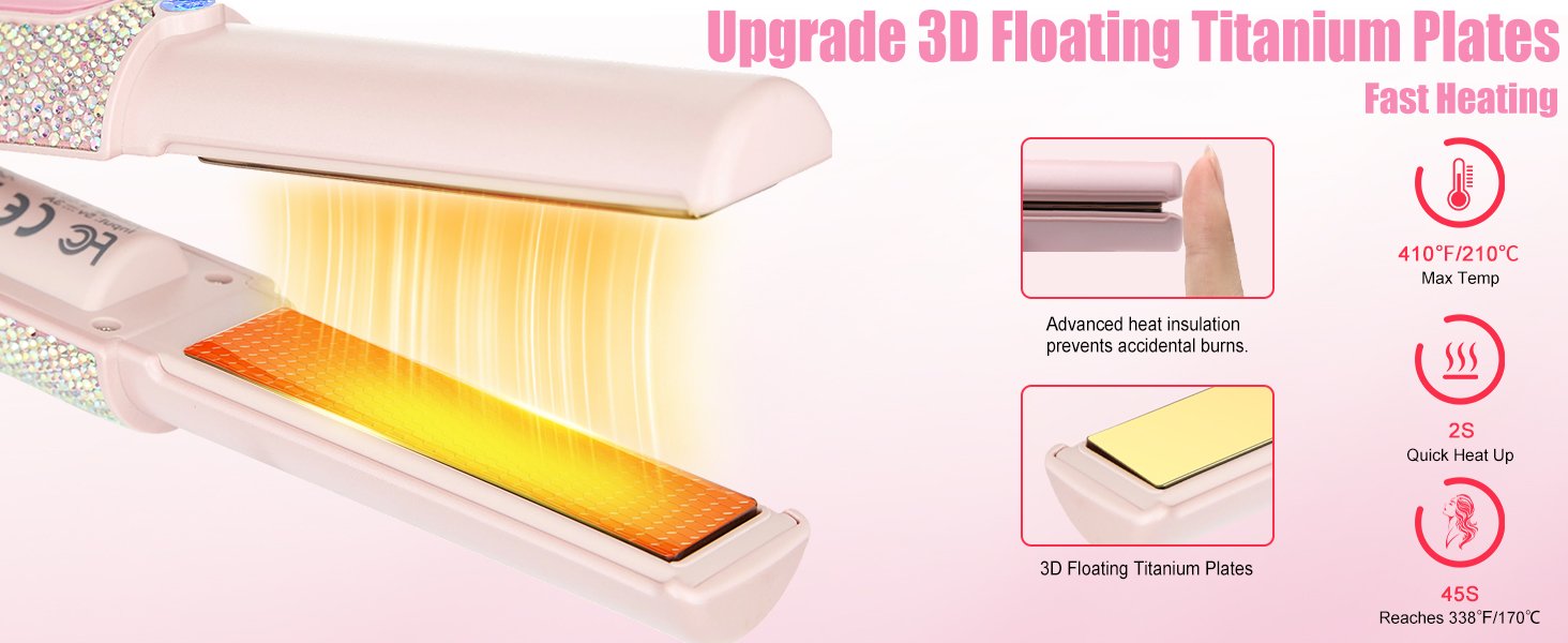 Text: 'Upgrade 3D Floating Titanium Plates' with product diagram showing pink and gold styling iron plates with arrows indicating heat distribution and floating plate movement.