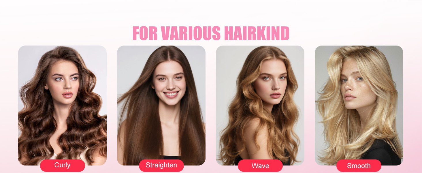 Text reads 'FOR VARIOUS HAIRSTYLING'. Four side-by-side images showing different hairstyles, ranging from tightly curled to straight blonde hair.
